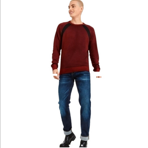 DKNY Merino Wool Burgundy Ribbed Crewneck Sweater  Genuine Brown Leather Trim